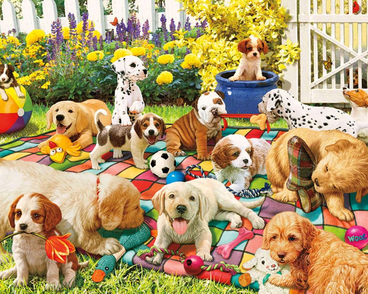 Dogs on a blanket in the garden online puzzle