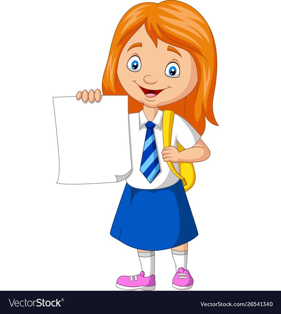 Niña de la escuela de dibujos animados en uniforme sosteniendo papel en blanco rompecabezas en línea