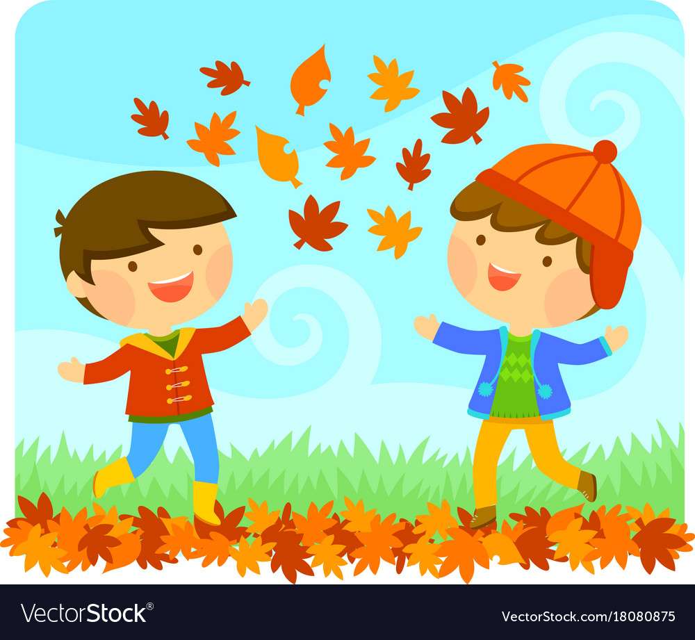 Деца, наслаждаващи се на есенно векторно изображение онлайн пъзел