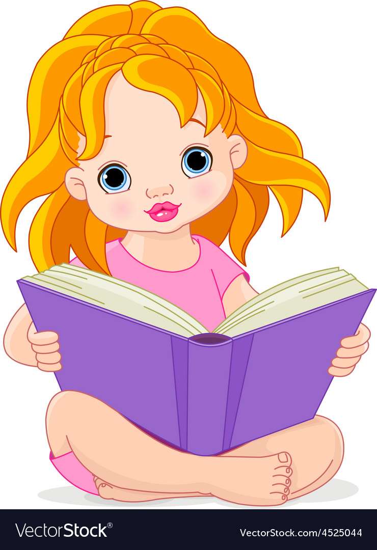 Imagen vectorial de niña leyendo rompecabezas en línea