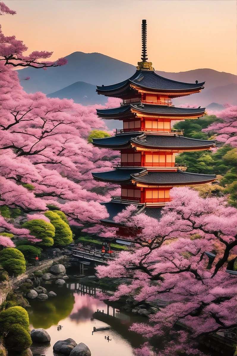 Пагода среди цветущей сакуры пазл онлайн