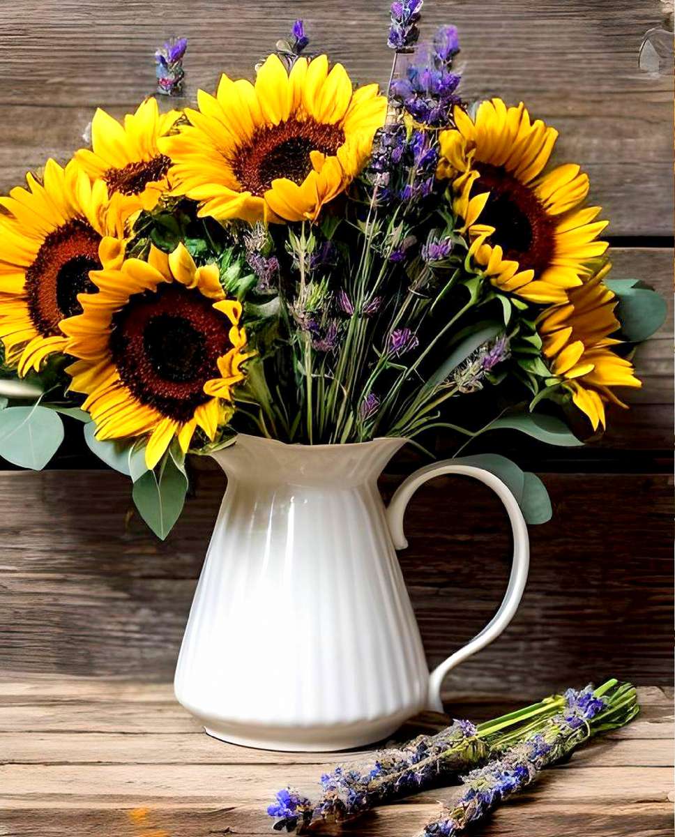 Sonnenblumen und Lavendel Online-Puzzle