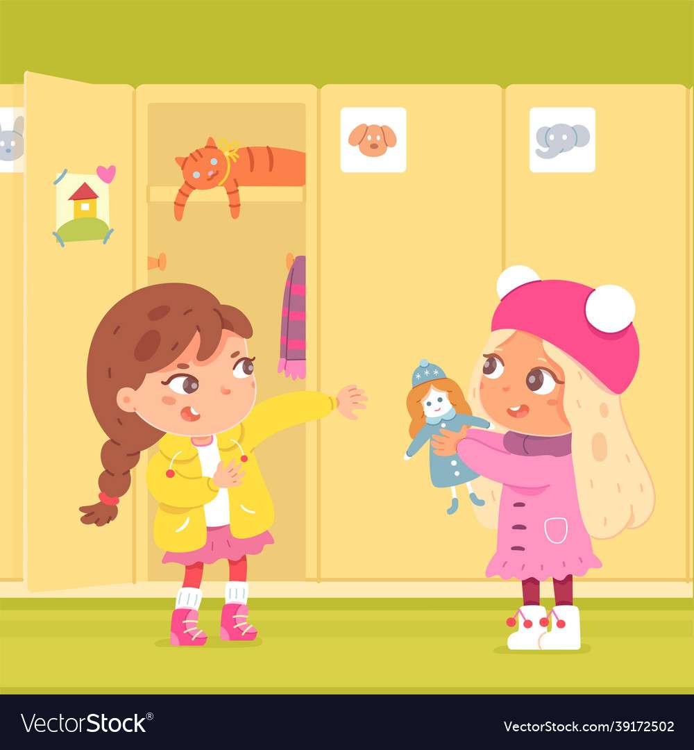Filles changeant de vêtements dans les casiers de la maternelle puzzle en ligne
