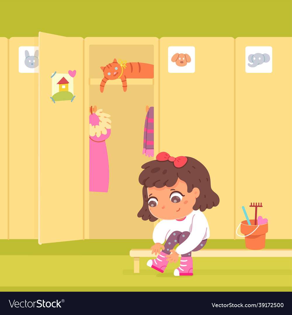 Menina trocando de roupa em armários no jardim de infância v quebra-cabeças online