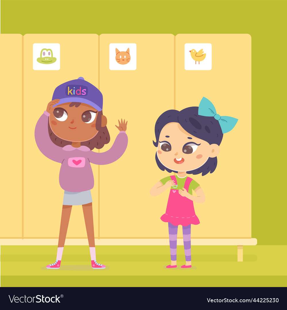 Девочки одеваются в векторе интерьера школьной раздевалки пазл онлайн