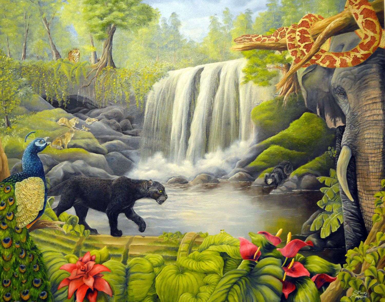 Tiere am Wasserfall Online-Puzzle
