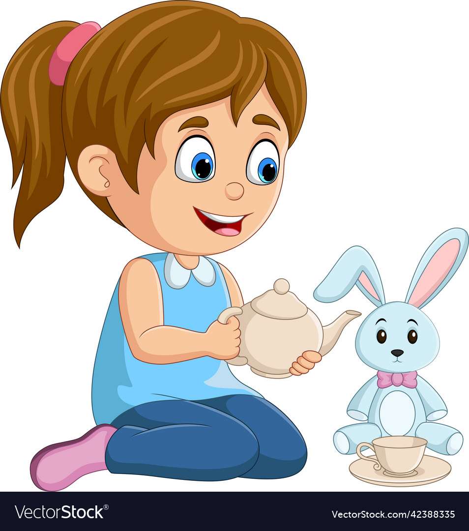 Bambina del fumetto che gioca ima di vettore della bambola del coniglio puzzle online