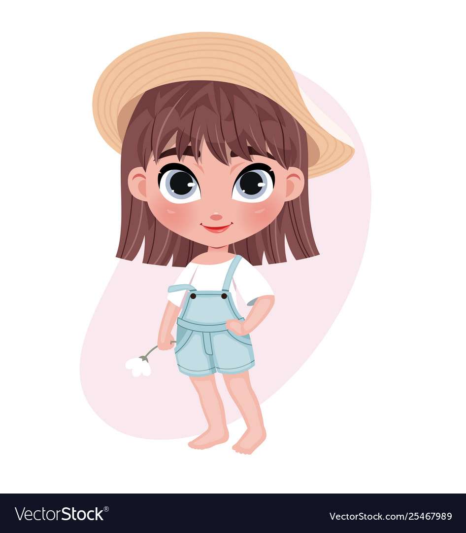 Χαριτωμένος ακάμαστος χαρακτήρας μικρού κοριτσιού με καπέλο που κρατά v παζλ online