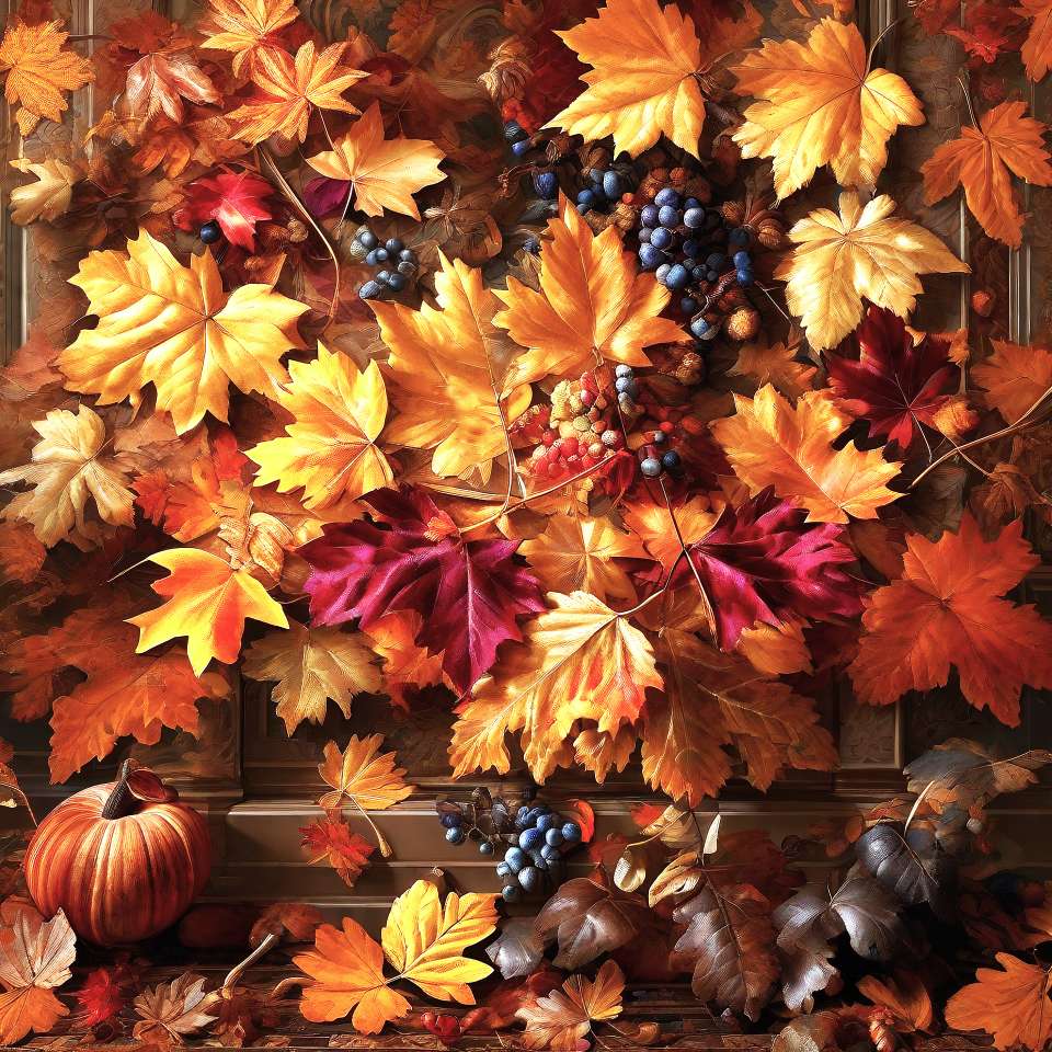 Herbstkomposition mit Blättern und Früchten Online-Puzzle