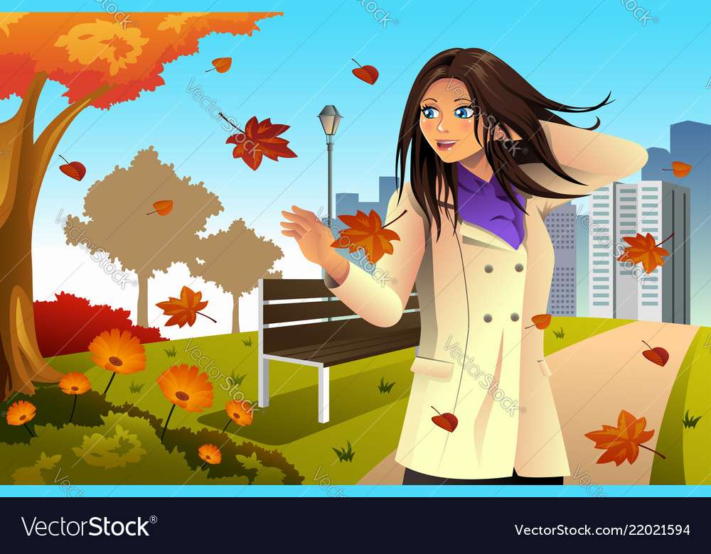 Garota de outono andando na imagem vetorial do parque puzzle online