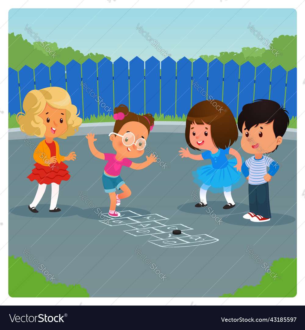 Kids playing hopscotch game outdoor cartoon vector online puzzle