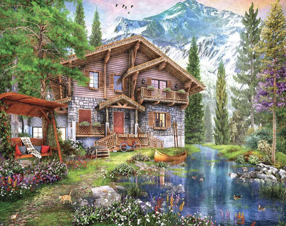 Hus i bergen vid floden Pussel online