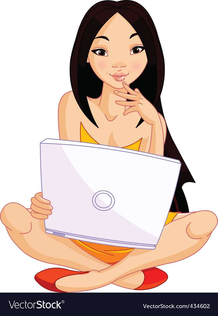 Fille asiatique avec image vectorielle ordinateur portable puzzle en ligne