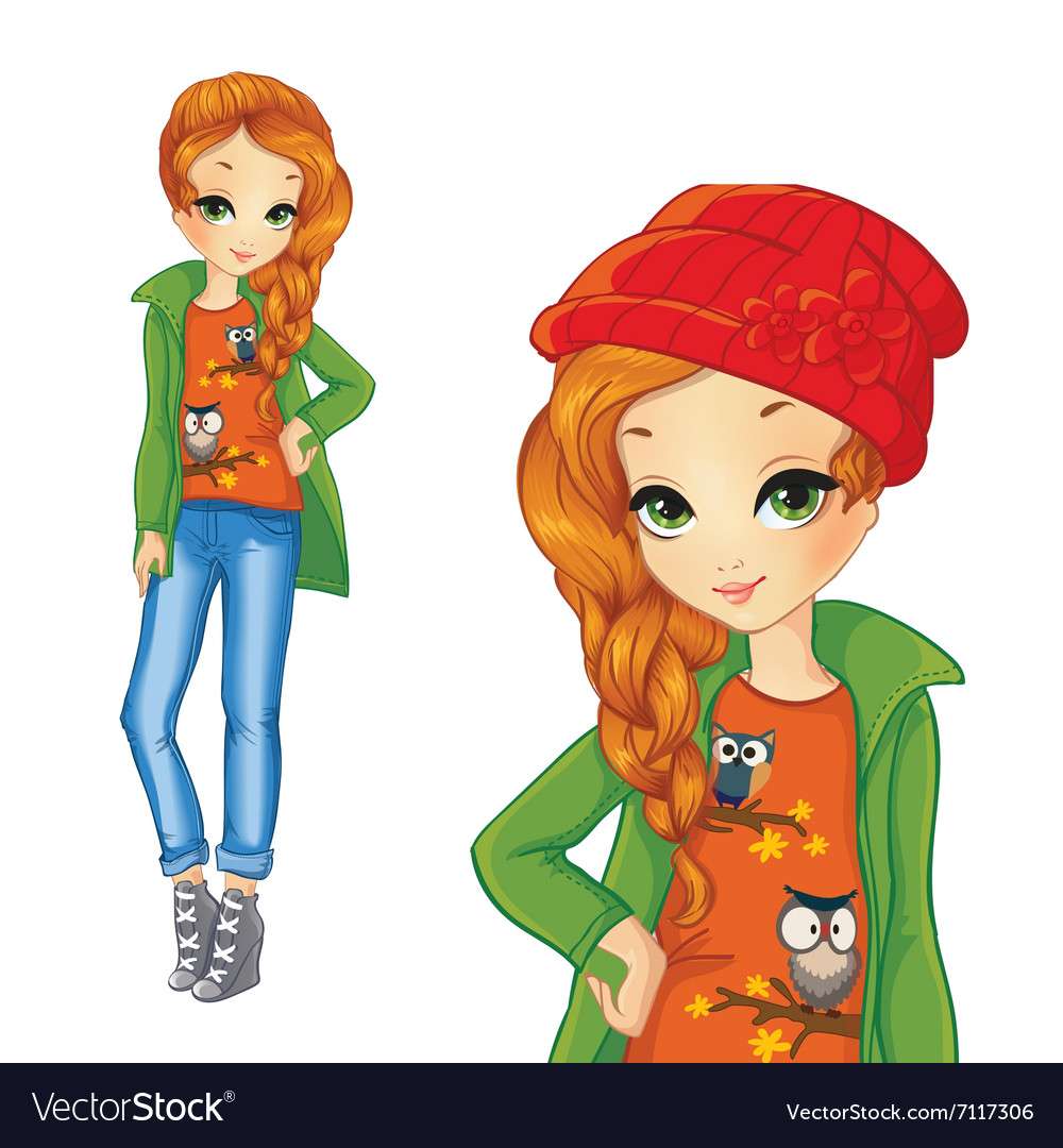 Fille en veste verte et image vectorielle chapeau rouge puzzle en ligne
