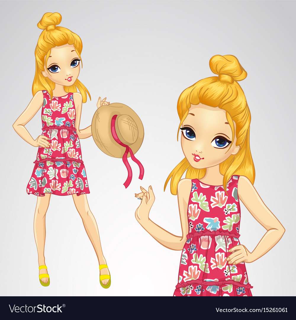 Fata blondă ține o imagine vectorială cu pălărie de paie puzzle online