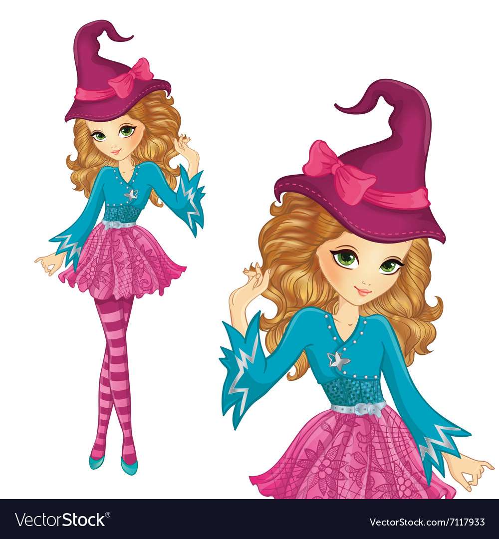 Ведьма в розовой шляпе с векторным изображением банта онлайн-пазл