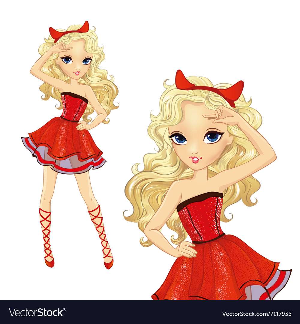 Blondes Mädchen als Teufelsvektorbild verkleidet Puzzlespiel online