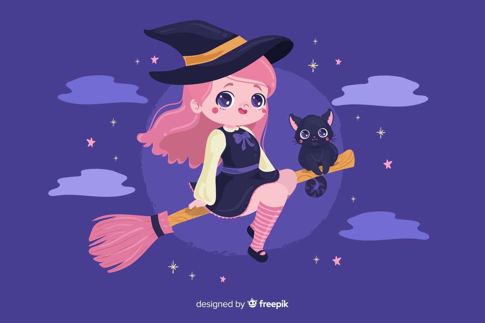 Halloween-heks met schattige kat online puzzel