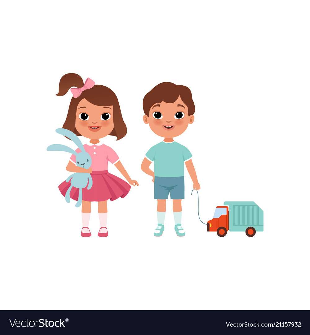 Simpatici personaggi di ragazzino e ragazza con il vettore di giocattoli puzzle online