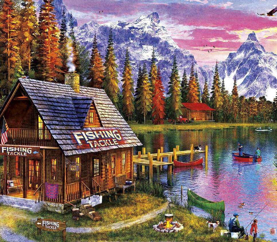 Wooden house by the lake in the mountains jigsaw puzzle online