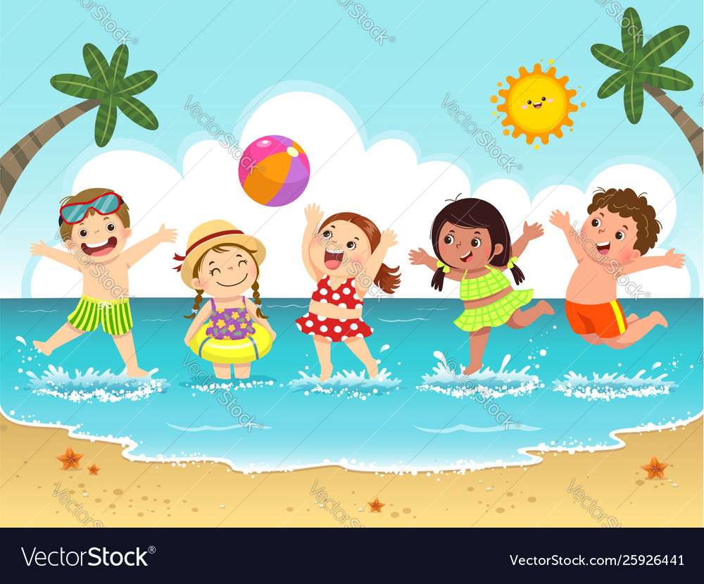 Groupe d'enfants heureux s'amusant sur l'image vectorielle de la plage puzzle en ligne