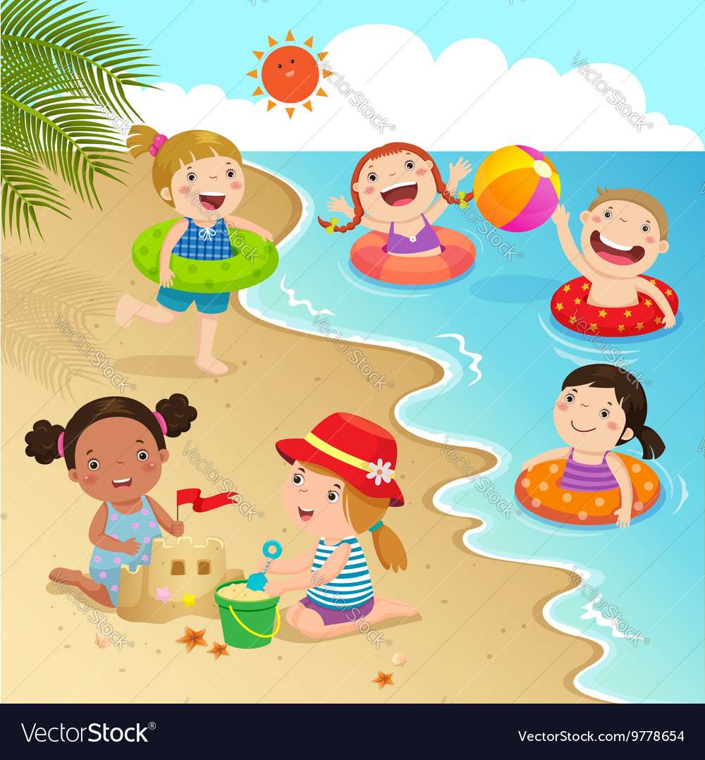 Groep kinderen die plezier hebben op het strand vectorafbeelding online puzzel