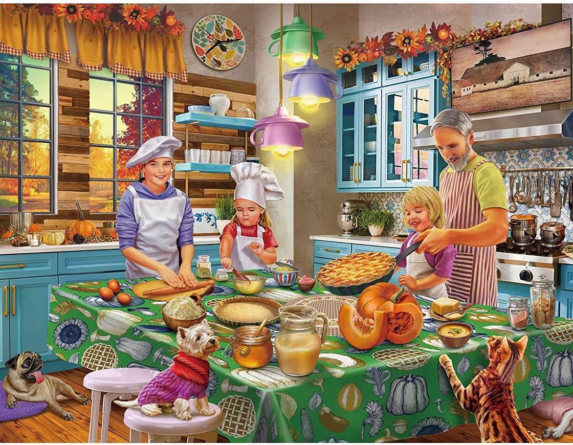 A família está fazendo um bolo na cozinha puzzle online