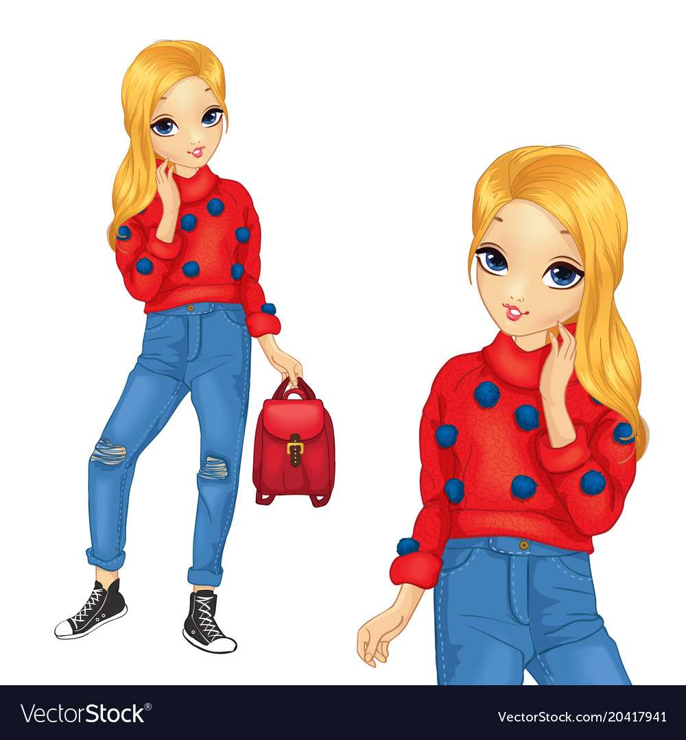 Garota de suéter vermelho com imagem vetorial de pompons azuis quebra-cabeças online