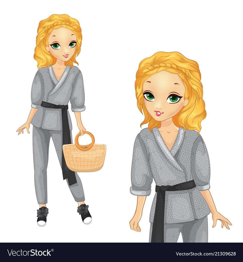 Dívka ve stylovém šedém kalhotovém kostýmu vektorový obrázek online puzzle