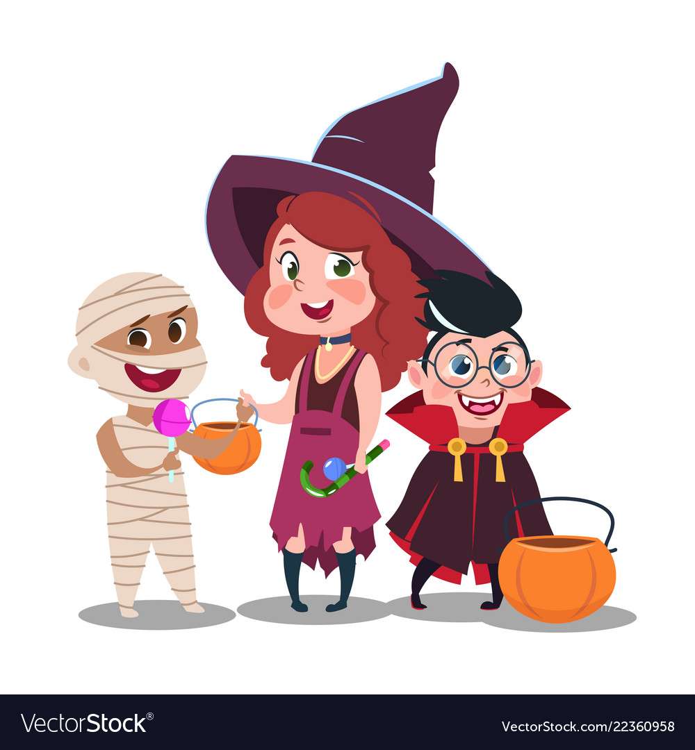 Хелоуин трик или лакомство за деца в празнични костюми онлайн пъзел