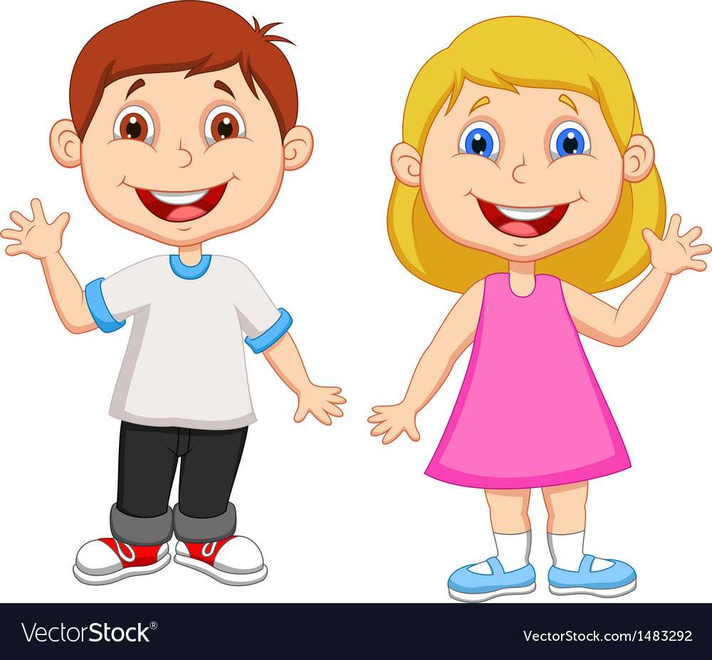 Kreslený chlapec a dívka mává rukou vektorový obrázek skládačky online