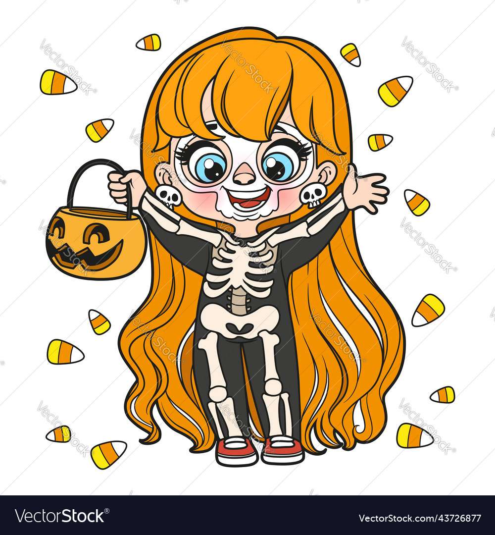 Söt tecknad långhårig flicka i en halloween vektor pussel på nätet