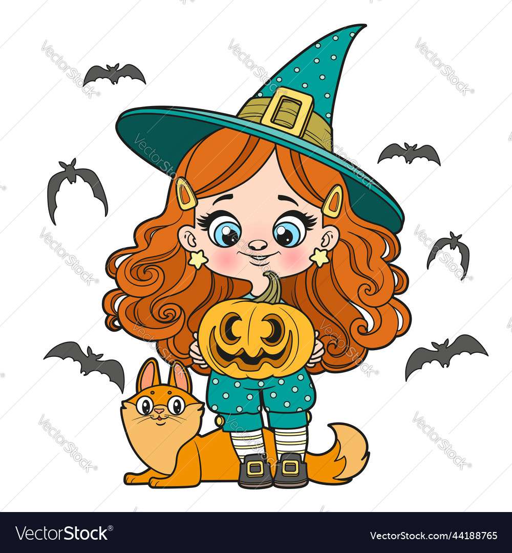 Симпатичная мультяшная длинноволосая девушка в векторе Хэллоуина пазл онлайн