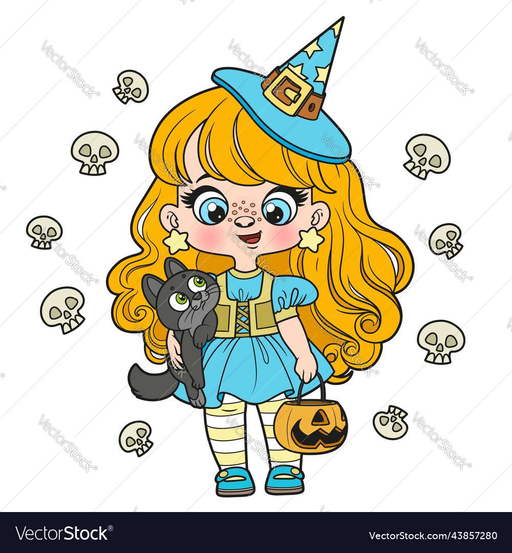 Fată drăguță de desene animate într-un costum de vrăjitoare de Halloween vec puzzle online