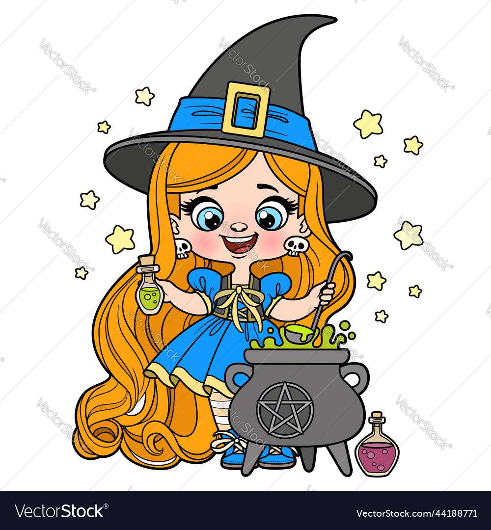 Roztomilá kreslená dlouhovlasá dívka v halloween witch v skládačky online