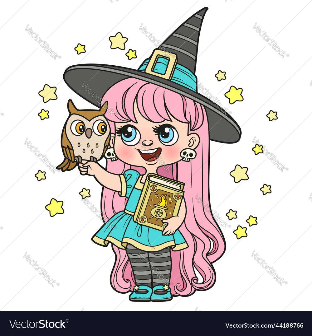 Nettes langhaariges Cartoon-Mädchen in einem Halloween-Vektor Online-Puzzle