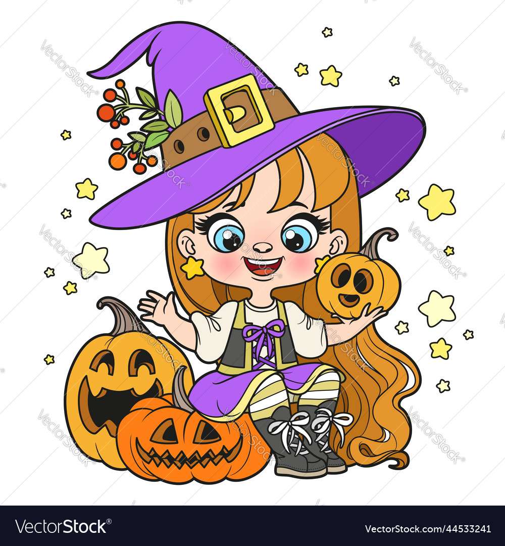 Leuk cartoon langharig meisje in een halloween-vector online puzzel