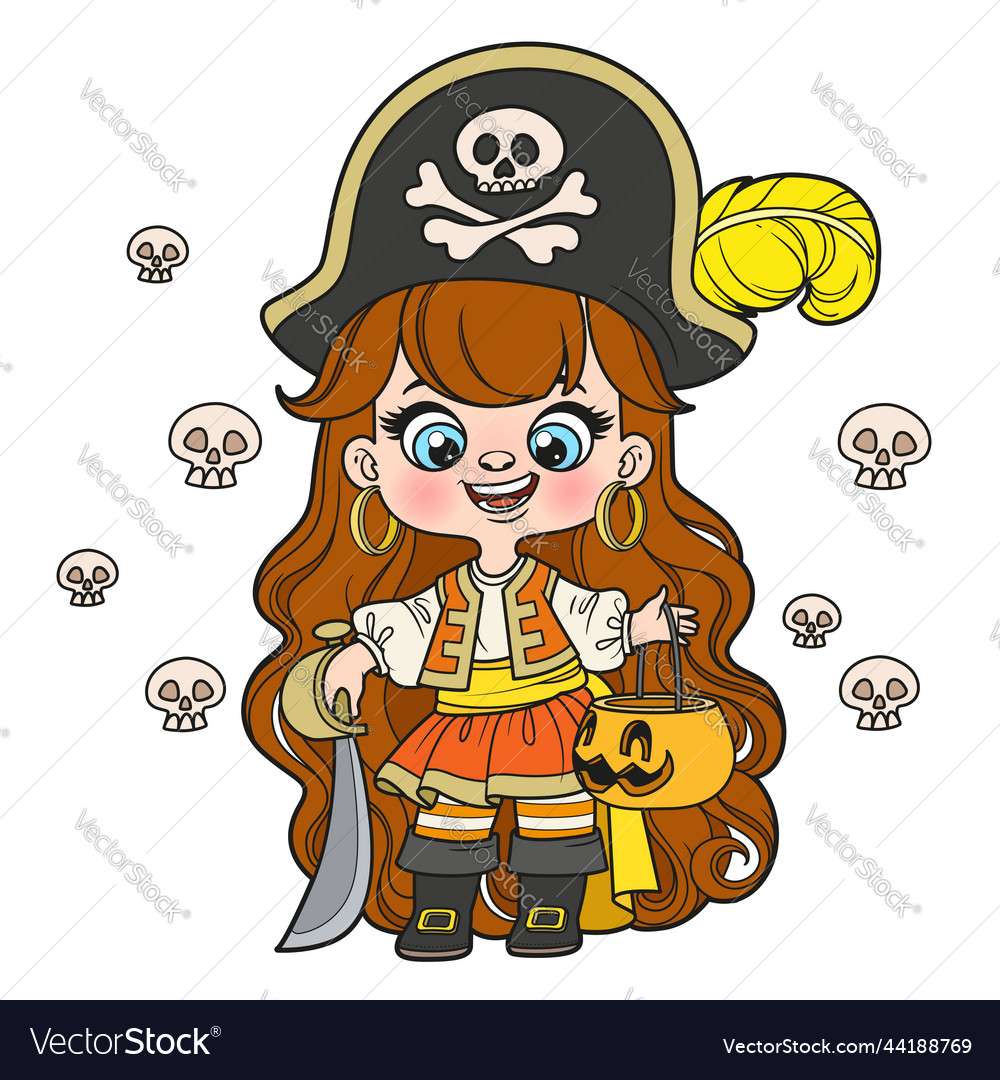 Linda chica de pelo largo de dibujos animados en pirata de halloween rompecabezas en línea
