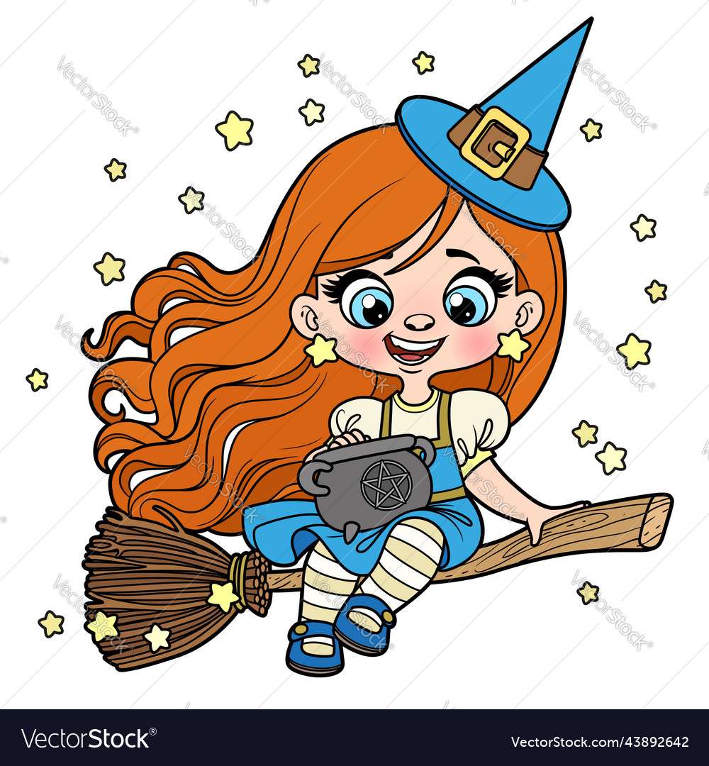 Menina de cabelos compridos bonito dos desenhos animados na bruxa v do Dia das Bruxas puzzle online
