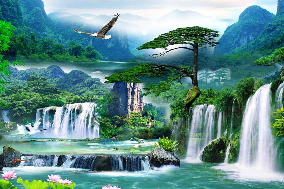 Fabelhafte Aussicht mit Wasserfällen Puzzlespiel online