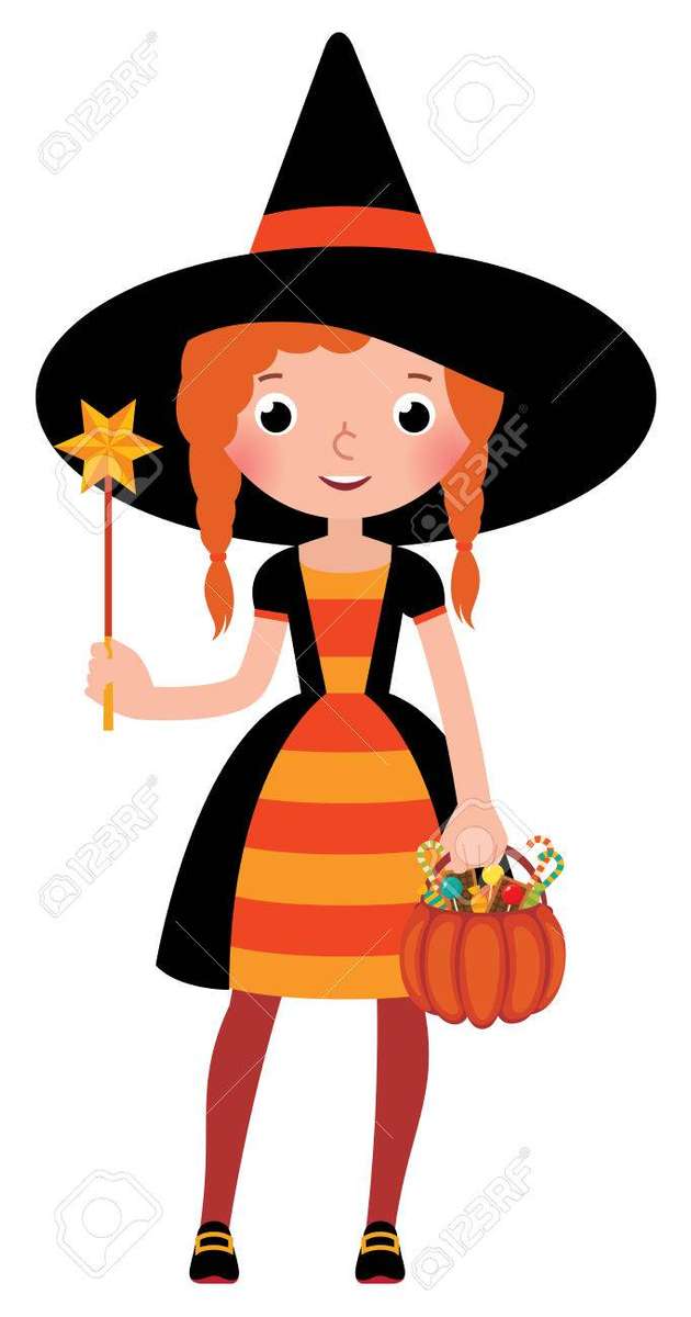 Flicka I Kostym Halloween Häxa Med En Trollstav Pussel online