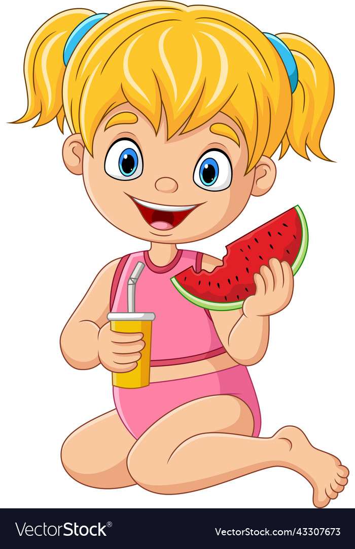 Cartoon little girl holding watermelon with drink online puzzle