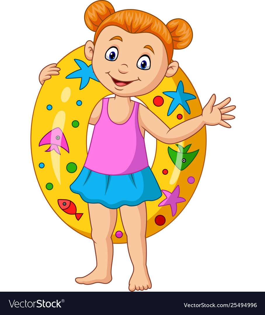 Tecknad liten flicka med uppblåsbar ringvektor uppkallad efter Pussel online