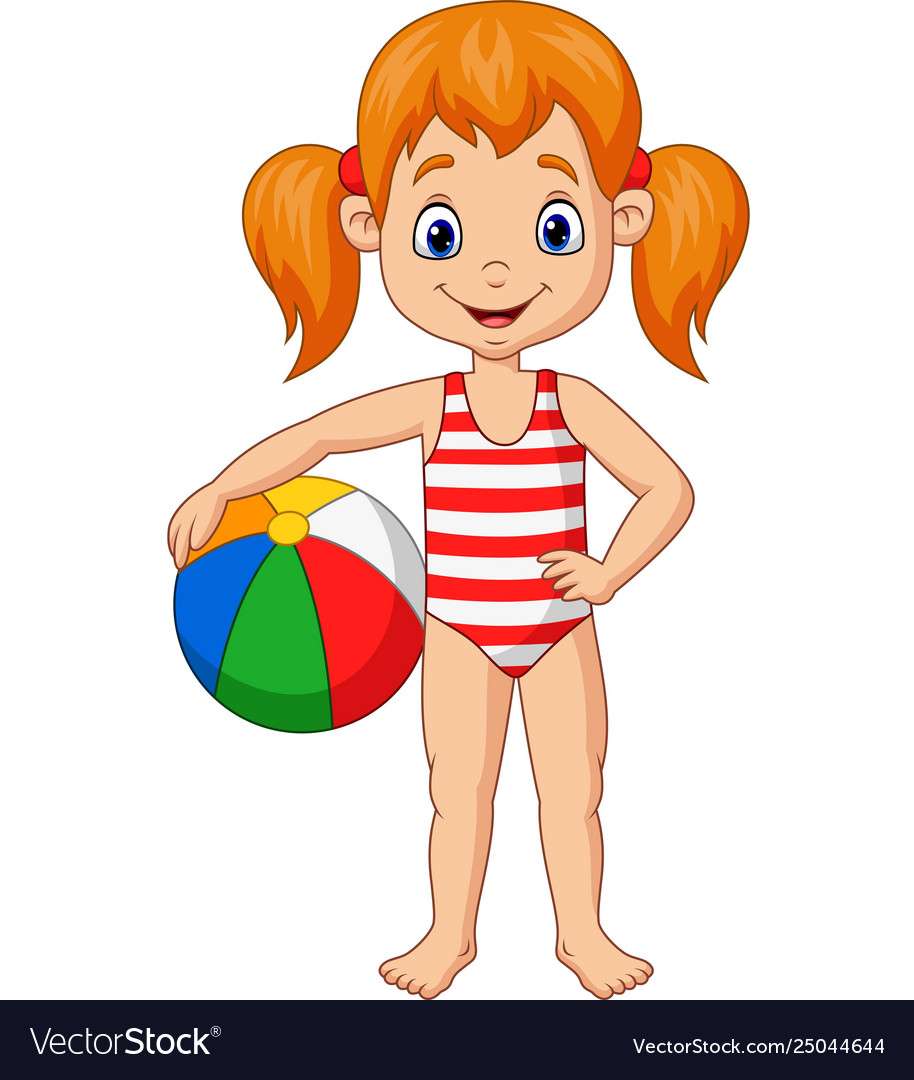 Анимационно щастливо момиче, държащо векторно изображение на плажна топка онлайн пъзел