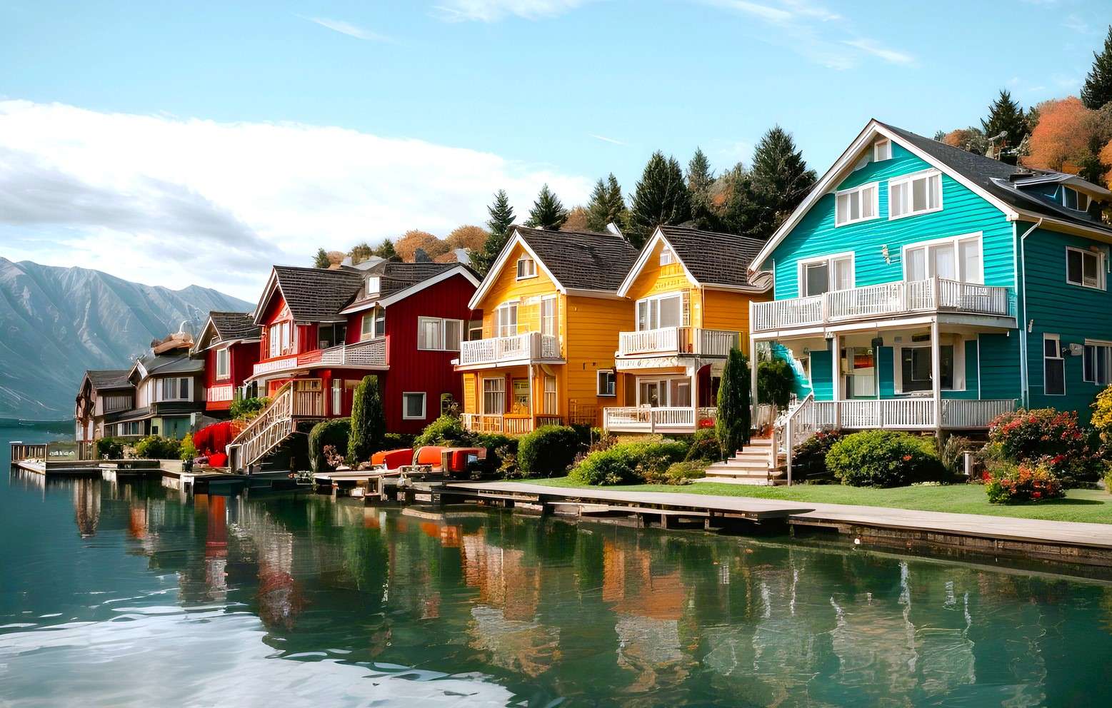 Очаровательные, красочные дома у озера онлайн-пазл