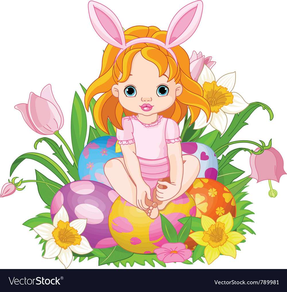 Бебе момиче, седнало върху великденски яйца, векторно изображение онлайн пъзел
