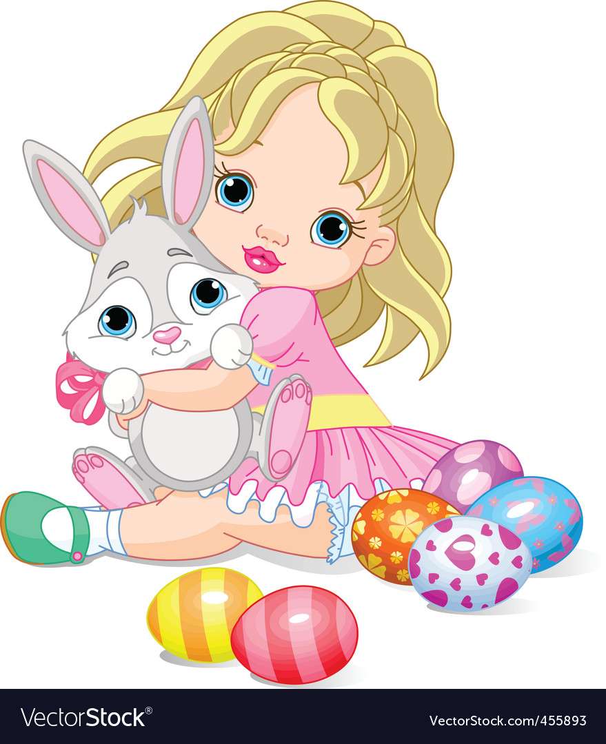 Imagen vectorial de niña y conejito de Pascua rompecabezas en línea