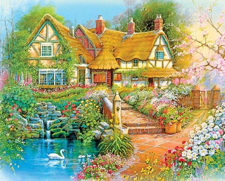 Dům mezi květinami na jaře online puzzle