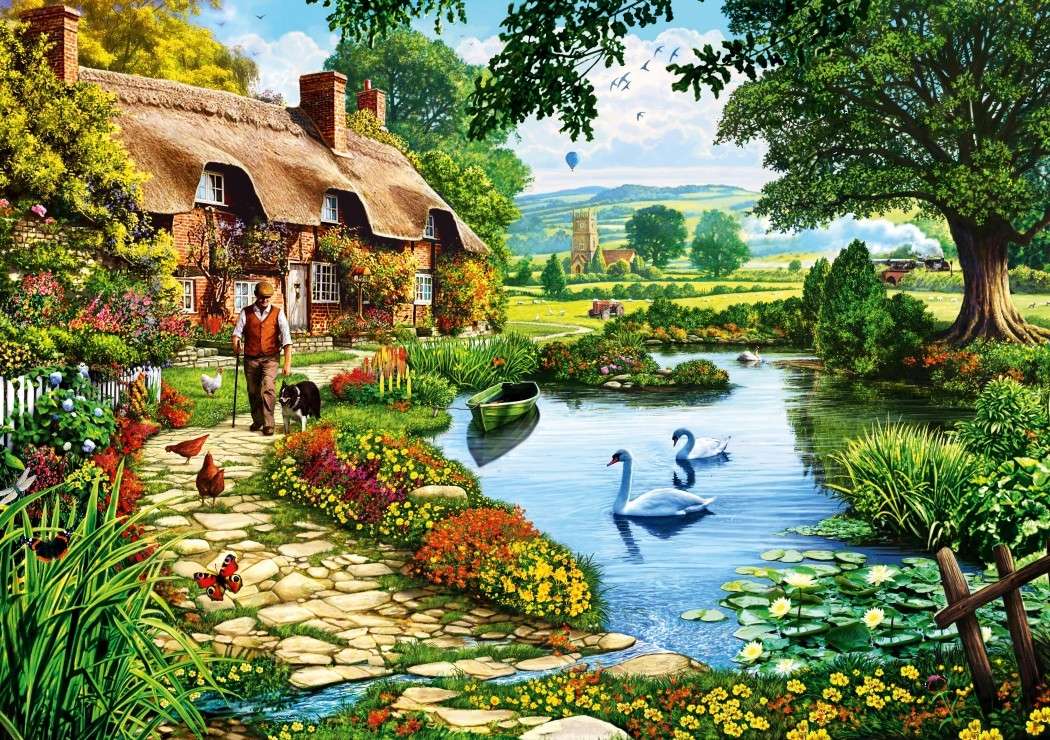 Una casa dal tetto di paglia in riva al lago puzzle online