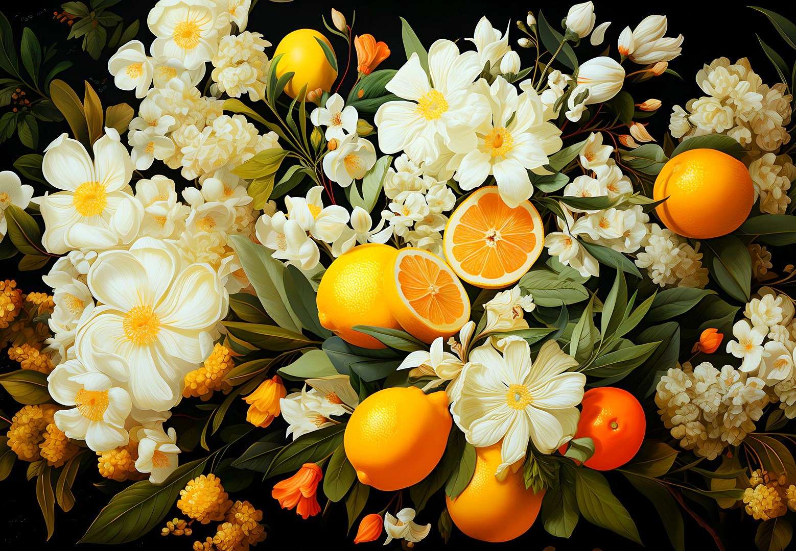 Blommor, citroner, apelsiner Pussel online